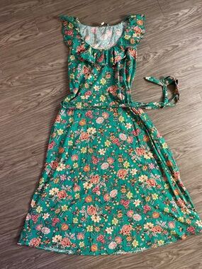 LOFT Floral Midi Dress 18P Petite Ruffle Neck Tie Waist Cottagecore